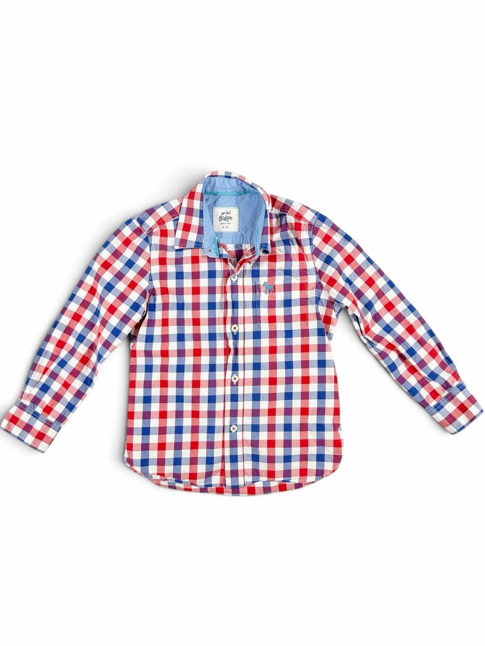 Mini Boden Gingham Plaid Button Down Shirt Red White Blue Cotton Size 4-5 boys